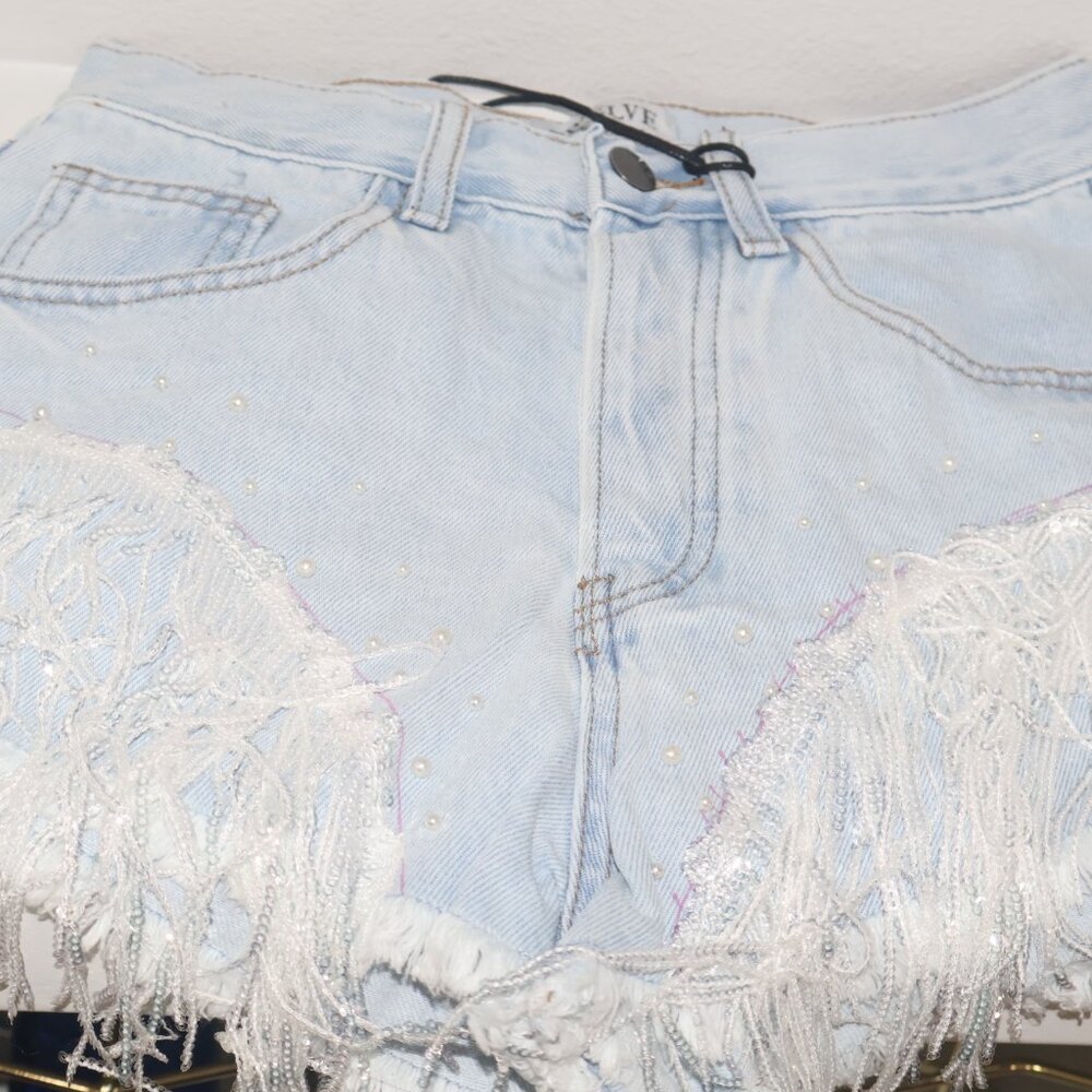 On Twelfth Sequin & Pearl Embellished Denim Shorts Light Wash Light Indigo Small - Picture 6 of 9